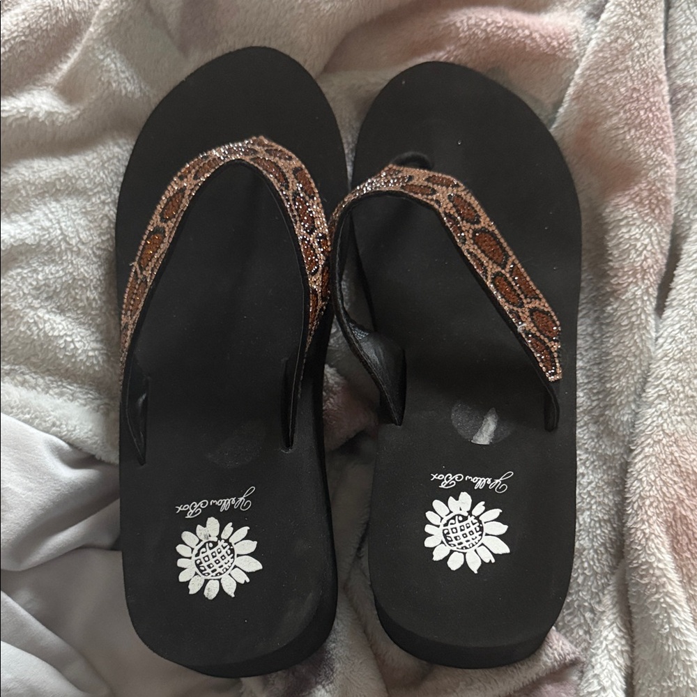 Yellow Box Black Sandals with Glittery Brown Straps